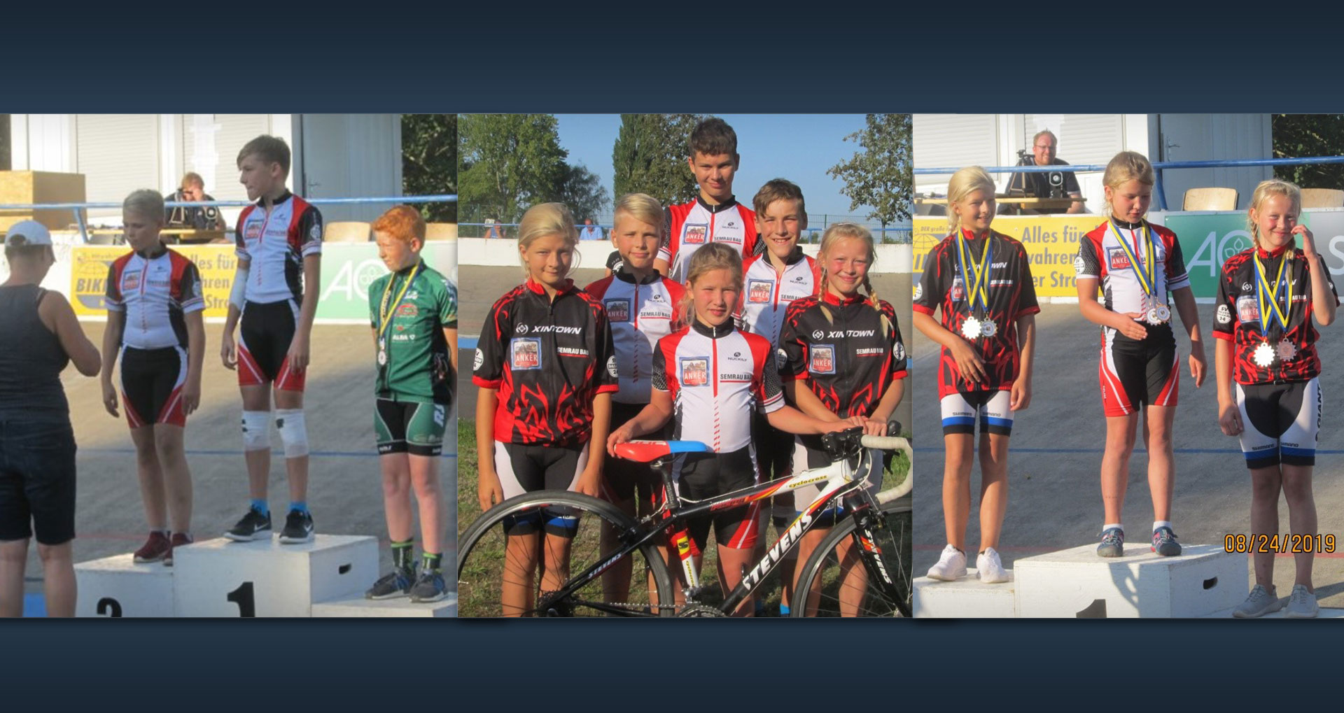 Foto: v. l. Mira R. Eric H. Chris E. Carlotta Z. Finn P. u. Nele C. Siegerehrung 500m U/11 w
